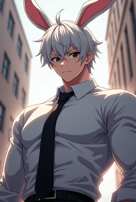 muscled anime boy , formal white shirt , black tie ,  black eyes , Rabbit ears drooping backwards , expression would be , dominant ,  white hair 