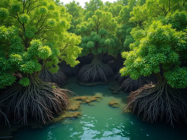 tanaman mangrove tampak atas. Gaya realis, detail, Teknik fotografi shutter speed lambat, f/11, wide-angle lens 10-24mm, prime lens 24mm, action camera GoPro.