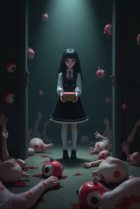  Girl with long curly black hair , wearing black and white doll clothes ,  black shoes,  with a box in his hands ,  is in a dark room full of severed arms, legs, eyes, hearts, anime-like hands 