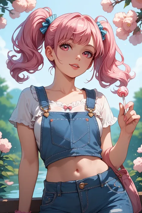 A hot and beautiful young girl with cotton candy pink hair in twin ponytails, wearing a frilly crop top and short denim overalls, front view