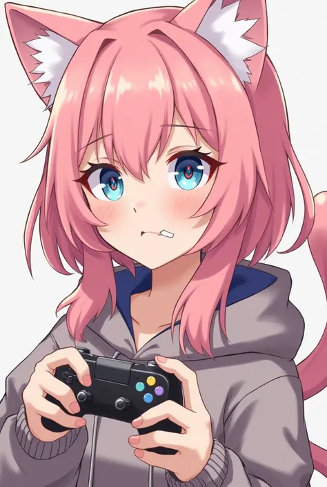 A pink haired catgirl who has an aloof personality and a monotone voice, has blue eyes with a crimson four sided star pattern in the middle. Very lazy, yet smart and talented. Likes to smoke, play games and eat junk foods. Does everything in a lazy yet sma...