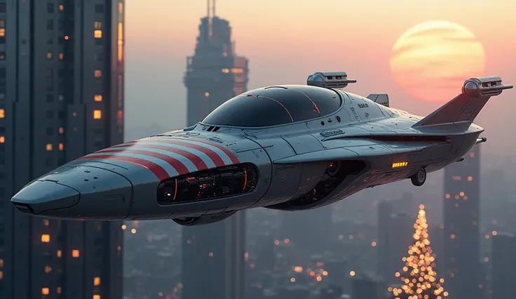 A futuristic realistic spacecraft with an American flag flies over the planet Saturn. Against the background of futuristic buildings , evening ,  christmas tree 