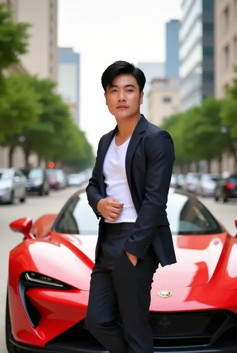 medium shot, full body a Korean man in elegant clothes/t-shirt, poses leaning next to a futuristic sports car, light red Lamborghini, city street background with trees, baground without blur, masterpiece photography, Bokeh background, class photo