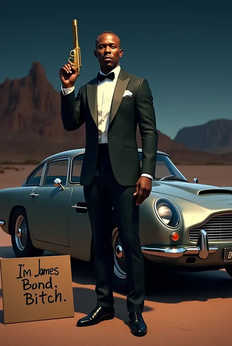 Dave Chappelle dressed as James Bond holding a Golden Bond Gun standing next to a 1966 Astin Martin in the desert at night with mountains in the background Holding a sign that reads, Im James Bond Bitch Realistic 