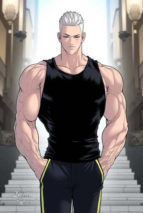 A manga-style illustration of a muscular fit thick neck handsome broad shouldered adult male character with short spiky white hair, He is in a black gym shirt snd black pants with neon strips, He has his hands on his pockets walking down the stairs, The ba...