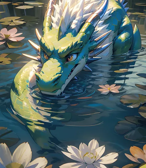 dragon, blue-green scales， white fur，Braided ，Lying in the water，dragon宫，The world of oriental fantasy mythology，4K, whole body，muscle