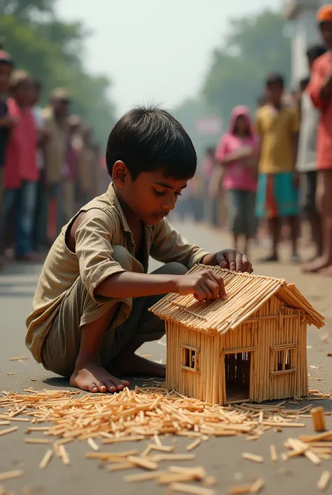 A Indian poor ren  is making a big house  out of Machis on road people are watching