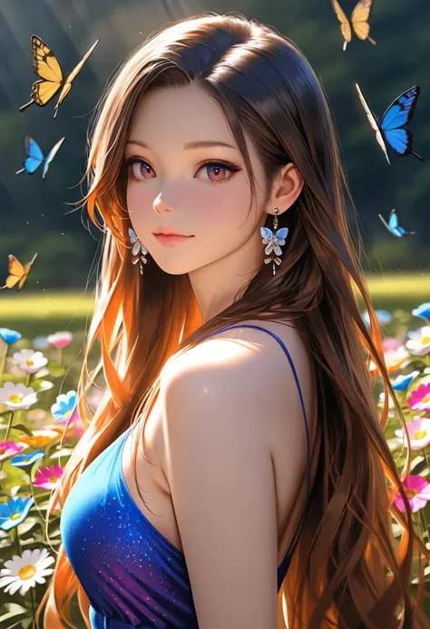 Masterpiece, highest quality, high resolution,4k, 8k,(realistic, photorealistic: 1.5), a beautiful young woman in a lush garden, surrounded by colorful flowers and butterflies, looking directly at the viewer with a serene expression, long flowing hair, ele...