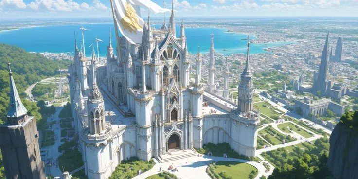 Fantasy castle, view from above, big castle, luxury, white marble, white flag with golden goddess symbol in middle, capital city, in the middle, lake