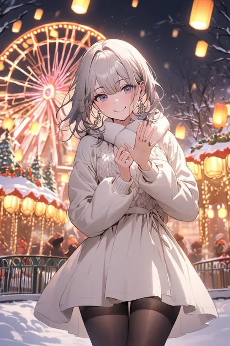 A beautiful girl with silver short hair styled in soft natural waves, standing in a winter amusement park. She is wearing a white knitted mini dress, paired with black tights and knee-high boots, emphasizing her elegant and stylish appearance. She accessor...