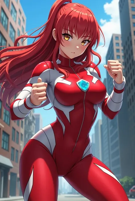 My Hero Academia Style , Anime girl, female, young female ,Full Body Shot,(fighting Pose:1.3),Long hair, Red Hair,  Brown Eyes,Hero Suit, Full Body Suit, red suit with white details,small round blue jewel in the center of the chest, perfect anatomy,  Tough...