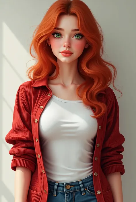  You help me create a red-haired woman with big cheeks,  beautiful and pink ,  big green eyes ,  beautiful pink lips , a curvy body ,  with a white t-shirt ,  a red corduroy overshirt ,  denim pants and brown boots ,  realistically.