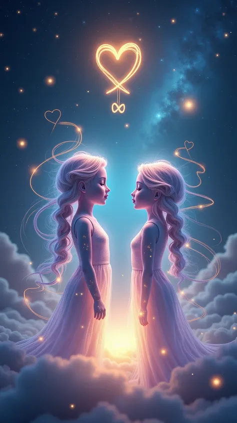 "A captivating and dynamic image representing Gemini (ふたご座) as a zodiac sign with the gift of engaging conversation and the ability to build close, natural connections. The composition features two glowing twin figures in a celestial setting, facing each o...