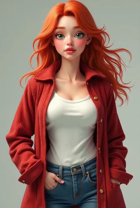  You help me create a red-haired woman with big cheeks,  beautiful and pink ,  big green eyes ,  beautiful pink lips , a curvy body ,  with a white t-shirt ,  a red corduroy overshirt ,  denim pants and brown boots ,  realistically.