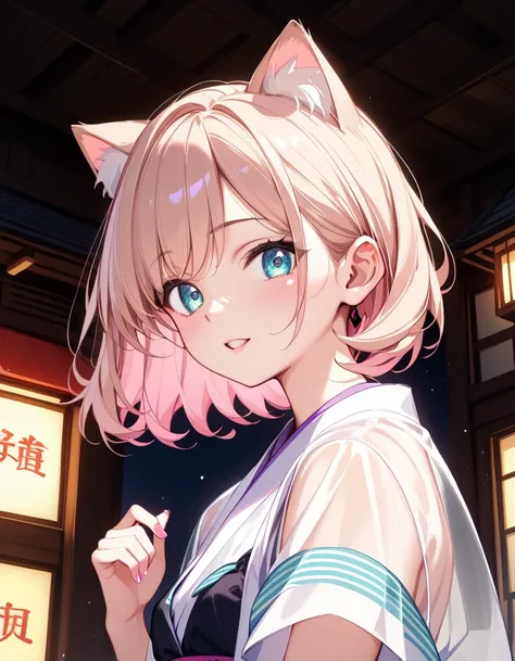   high image quality 、        High Quality       、        One girl with cat ears      、        Beige Hair   、 The inside of the hair is a pastel pink inner color、Beige ears 、 medium hair  、  Rob    、    Beige hair surface、 turquoise eyes  、  short、       s...