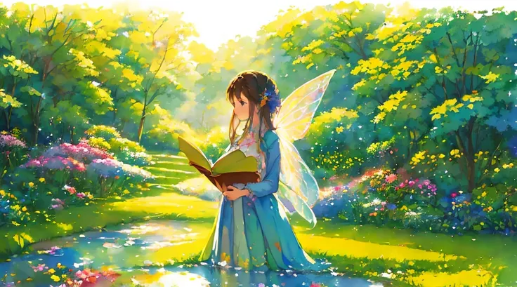  Beautiful Girl in a Fairy Costume,  Painted、Highly textured dark painting. content: Watercolor.  style for stilets: Whimsical and delicate,  looks like an illustration from a rens book.