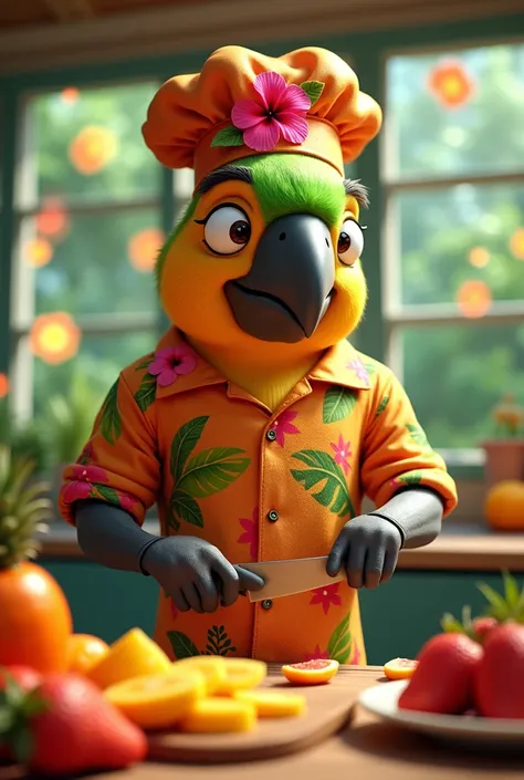 Generate a hyper-realistic, cinematic image of an anthropomorphic parrot named Pablo, celebrated for his tropical fruit salad. Pablo is adorned in a colorful tropical shirt and a chef’s hat decorated with hibiscus flowers. He is skillfully slicing an array...