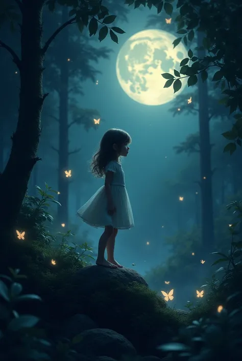 A girl in forest standing on a rock lighting moon and butterflys  and dark night lighted leavs 