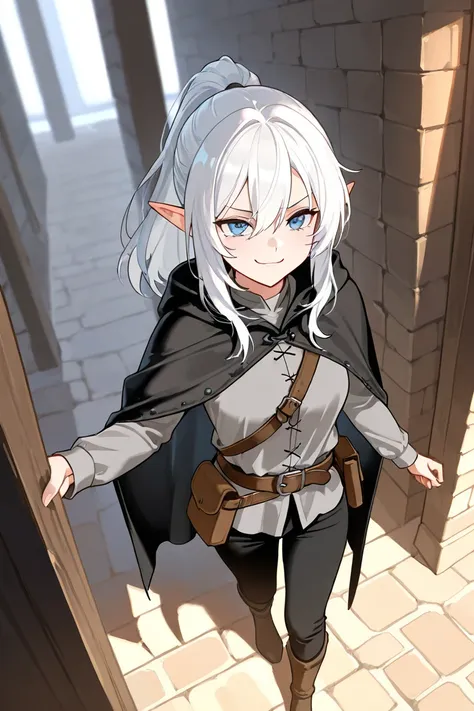  masterpiece fails, top quality  , newest ,  safe,  Beautiful woman ,  white hair,  blue eyes , elfийка,  white hair, ,  medieval grey shirt,  shirt , hair collected ,  cunning look , belt pouch , medium length hair, черные штаны  masterpiece fails, top qu...