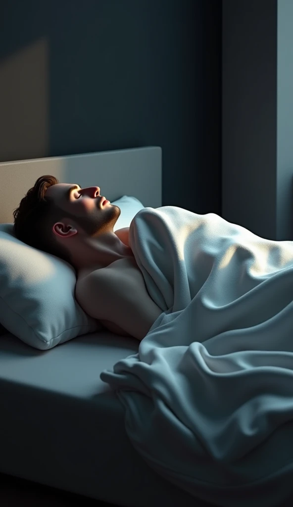 create an image of a man sleeping in bed, covering his entire body with a blanket and facing away from the camera. 3d realistic