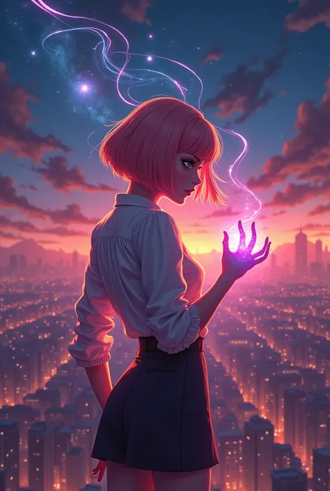 Girl style from the Netflix series Arcane ,  short peach-colored hair in Bob manipulating colored energy like threads of magic around the city above the sky in the twilight of the night with galaxies and stars in it 