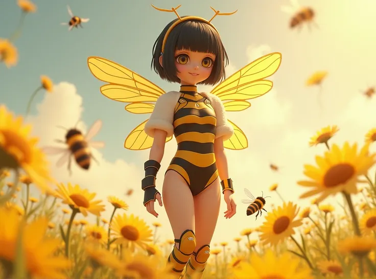 ((((masterpiece))))、((  unity 8k wallpaper  、  Cinematic Light  、  super detailed 、  top quality )) 、 Very fair skin 、《 Petite Beauty with Shortcut Hair ：1.2》、 《 with bee wings growing on the back ：1.2》 、《 Hi-leg Leotard Armor with Black Stripes and Accent...