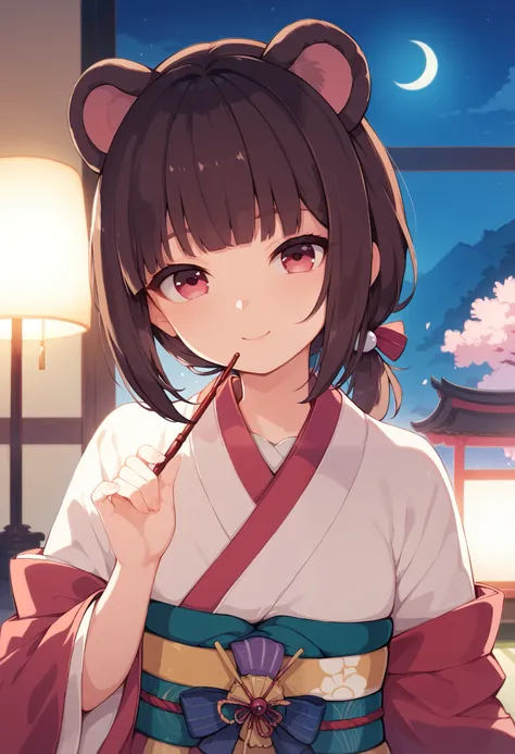 masterpiece, best quality, 1 cute small girl, short hair, dark brown hair, straight hair, straight bangs, fringe, low ponytail, bear ears, crimson eyes, japanesse kimono, on her room, night scene 