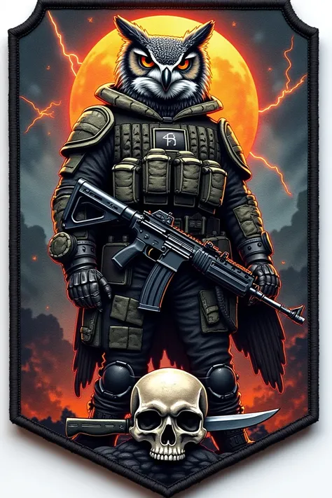  a patch with an owl warrior .  has ak armament and ag7 . has bullet proof helmet .  at his feet has a skull vu a knife stuck in it.  in the background is a binoculars and lightning 