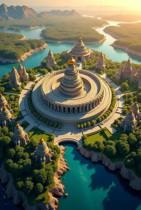 Envision an expansive aerial view of the lost city of Atlantis, showcasing its grand circular layout. The city is divided into concentric rings made of pristine white stone, with lush green parks and gardens interspersed between them. Towering structures w...