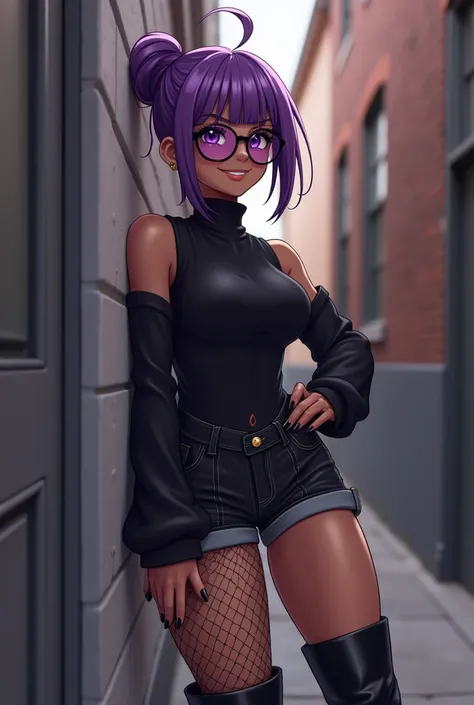 Anime style, young adult black woman, short purple hair, tiny high folded ponytail, purple eyes, smug, black sleeveless sweater, black denim short shorts, fishnet leggings, black knee-high boots, circular purple  shades, smirk, wide hips, curvaceous figure...