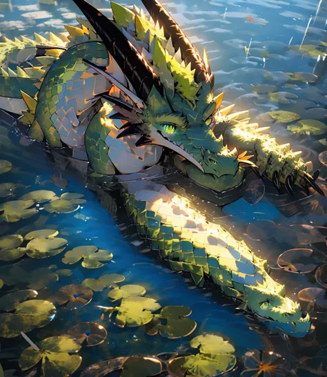 male，Oriental dragon anthropomorphic, blue-green scales， white fur，Braided ，Lying in the water，Dragon Palace，The world of oriental fantasy mythology，4K, whole body，muscle，