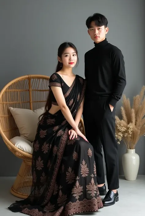 A photo of couple lovers looking at the camera,  a beautiful korean woman chubby, long dark blonde hair in ponytail. wearing a traditional Indian clothing, black crop top choli, black legana with intricate floral motifs, transparent black saree, high heels...