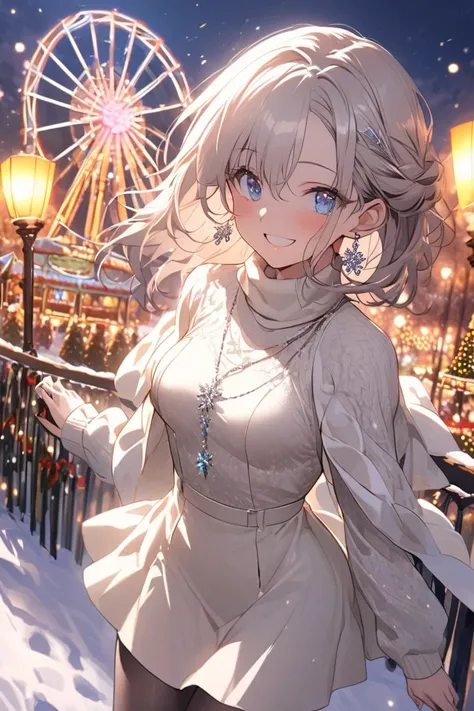 A stunningly beautiful girl at a winter amusement park. She has silver short hair with soft natural waves, and her deep, vivid blue eyes shine brightly like gemstones, captivating everyone who sees her. Her outfit features a form-fitting, tight white knit ...