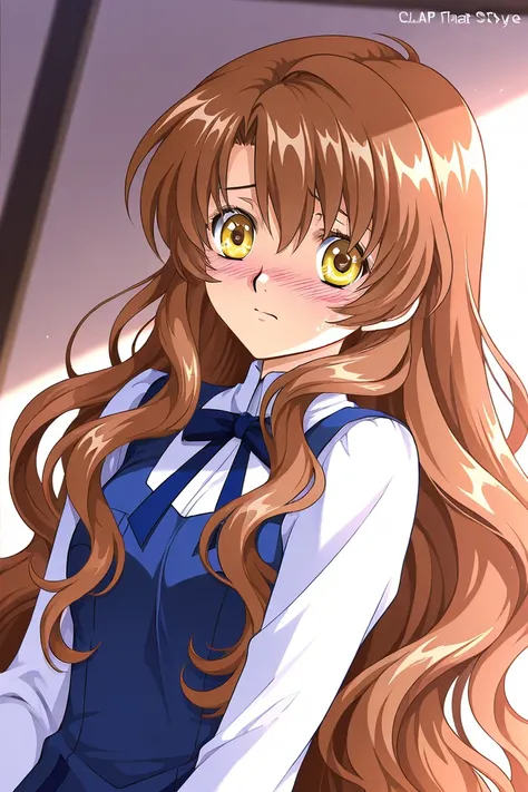 A girl that is an student. She has long wavy Brown hair with shiny golden eyes with blue dress uniform. She is confused, but blushing nervous. Kind. Clamp Tsubasa chronicles art style. 