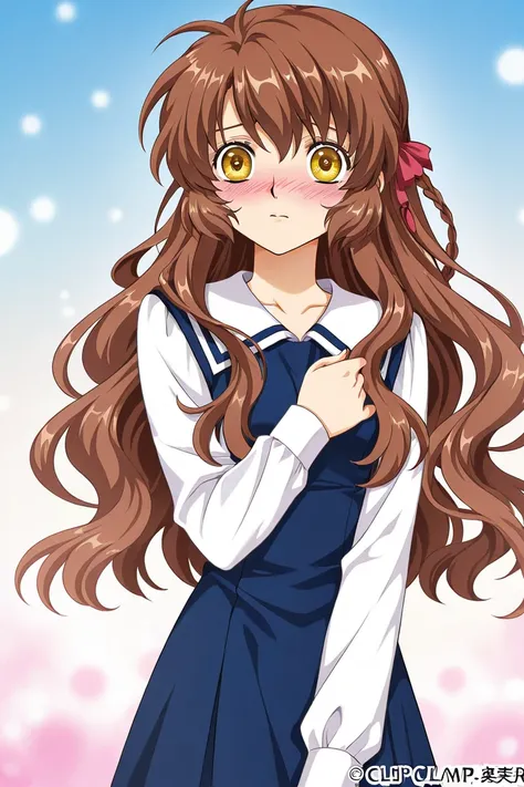 A girl that is an student. She has long wavy Brown hair with shiny golden eyes with blue dress uniform. She is confused, but blushing nervous. Kind. Clamp Tsubasa chronicles art style. 