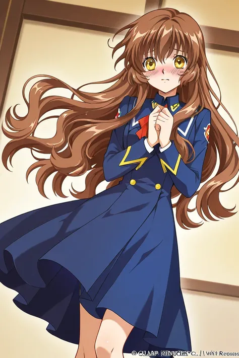 A girl that is an student. She has long wavy Brown hair with shiny golden eyes with blue dress uniform. She is confused, but blushing nervous. Kind. Clamp Tsubasa chronicles art style. 