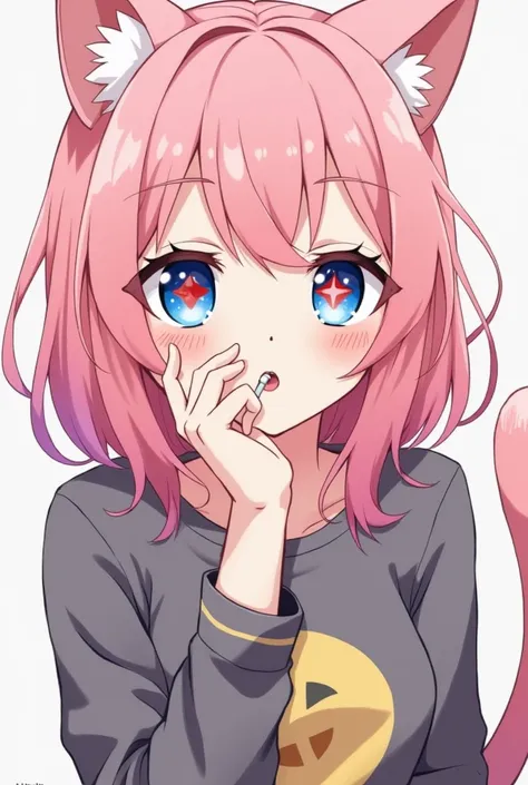 A pink haired catgirl who has an aloof personality and a monotone voice, has blue eyes with a crimson four sided star pattern in the middle. Very lazy, yet smart and talented. Likes to smoke, play games and eat junk foods. Does everything in a lazy yet sma...