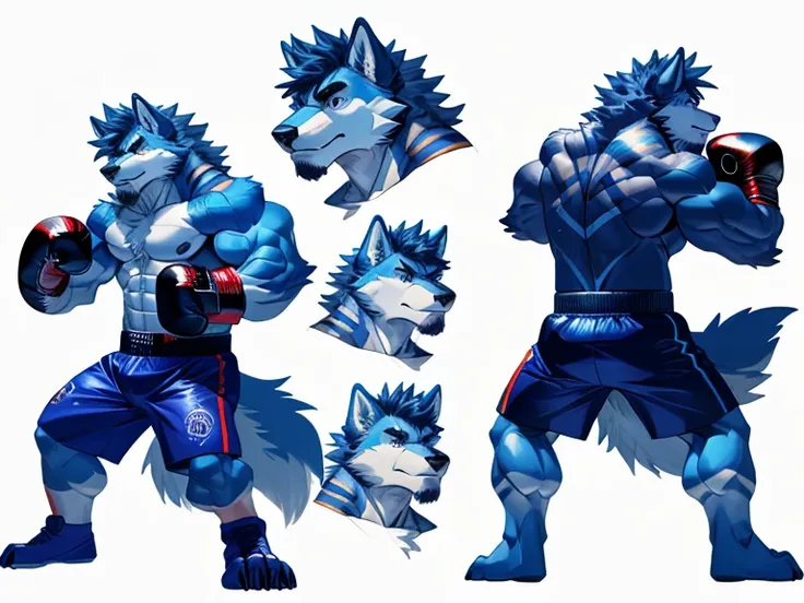 good anatomy, detailed, no text, reference sheet, sketch, ((male muscular  blue wolf, stripe marks on body, messy hair, boxing gloves,boxing shorts, pose facing front, pose facing back, dynamic fight poses, head shots))