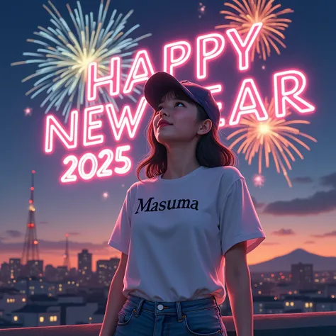 "A young woman standing on a rooftop, wearing a white T-shirt with the text Masuma written on it. She is wearing a cap and looking up at the sky. Colorful fireworks are bursting all around. The text HAPPY NEW YEAR 2025 is glowing brightly in the sky. The s...