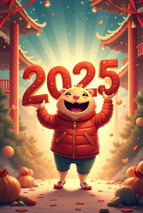 Make a greeting cardof happy new year 2025 and 2024 holding the 2025 on his hand
