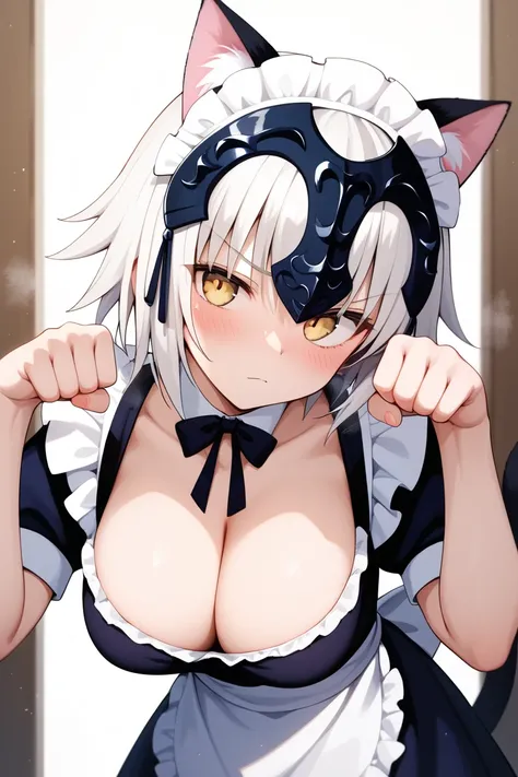 masterpiece,best quality,{{detailed beautiful face and eyes}}, 
Jeanne dArc Alter,{{{megami magazine}}},short hair,white hair,hair between eyes,headpiece,yellow eyes,large breasts,
((maid,cleavage,maid headdress,fake cat ears,cat tails)),
1girl,(is embarra...