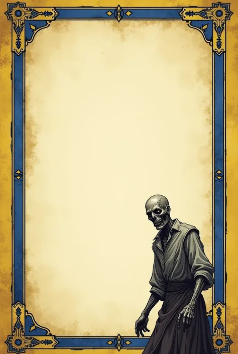  A4 page in sepia with a yellow and royal blue border, with a medieval zombie in the lower right