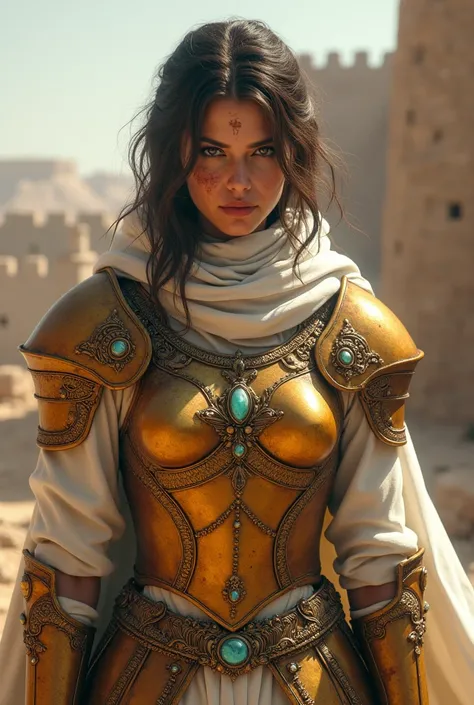 A arabian female knight, a dismissive face, amber color armor adorned with jewelry & sword, white robes, war wounds, conquered fortress background.