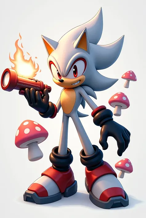  Create a character in the style of Sonic , that measures 106 Cm ,  that has the shape of Shadows head,  with the skewers up ,  that has black gloves ,  whose main color is white ,  and that has the mushrooms of Sonic ,  and a weapon in his hand  
