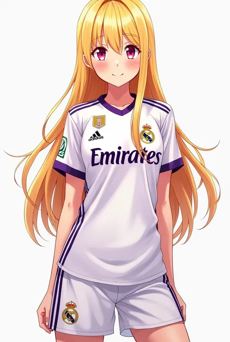 Anime girl ,  blonde with bangs and long hair  , pink eyes and smiling  . She is  and wears the Real Madrid kit.He has a serious and trusting expression