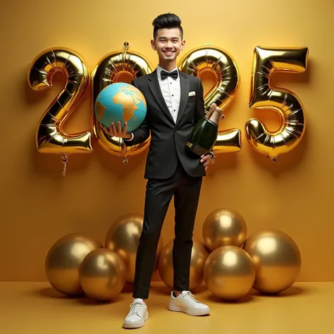 ( smiling full body  )  design with a globe in the hand on a gold background with black numbers (2025)  on the wall and with golden balloons around , black and gold suit and white sneakers   ,and with a bottle of champagne . young man Dukkii ,Argentinian 2...