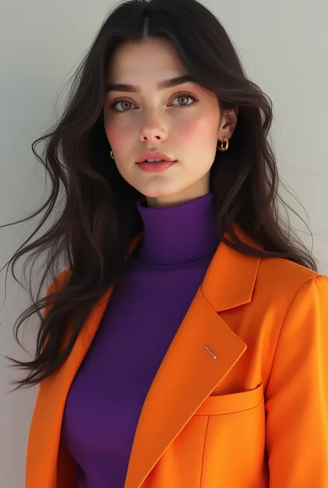 Attractive young girl wearing purple high neck with orange jacket