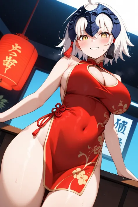 masterpiece,best quality,{{detailed beautiful face and eyes}}, 
Jeanne dArc Alter,{{{megami magazine}}},short hair,white hair,hair between eyes,headpiece,yellow eyes,large breasts,
((bare shoulders,light red china dress,light red chinese clothes,light red ...