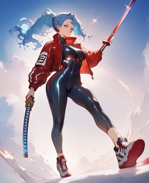 Beautiful girl with blue hair with a ponytail, tall blue eyes with red sparkles, with an athletic body wearing a futuristic rubber suit, a futuristic katana and some futuristic sneakers. 