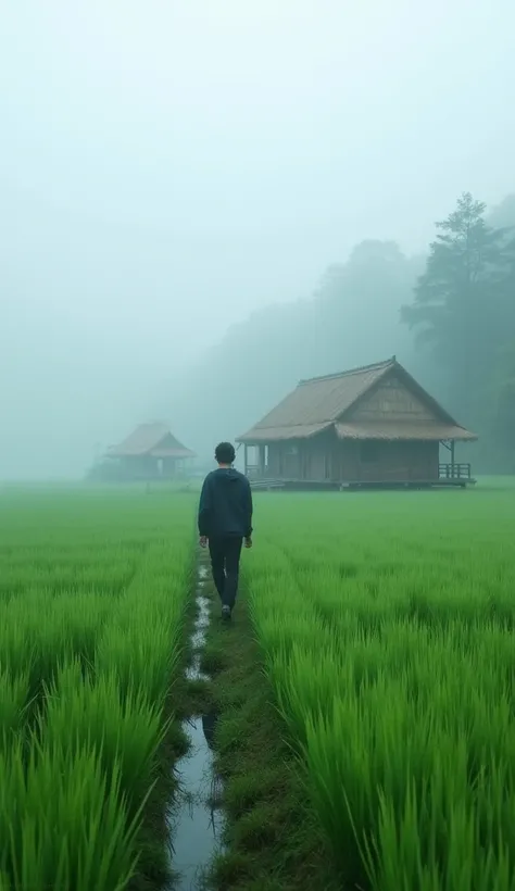 There was a man walking through a rice field，In the background is a cottage，There are rice paddies，Rice fields，There are neat rice seedlings in the field，Foggy rain，villages，lavoura，in a serene landscape，Foggy weather，In the midst of vast tranquil landscap...